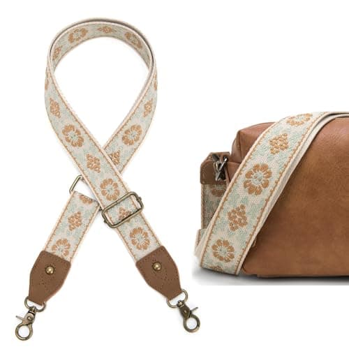 LSETUTIYY Jacquard Embroidery Wide Adjustable Cowhide Shoulder Strap — Beige Jacquard Flower