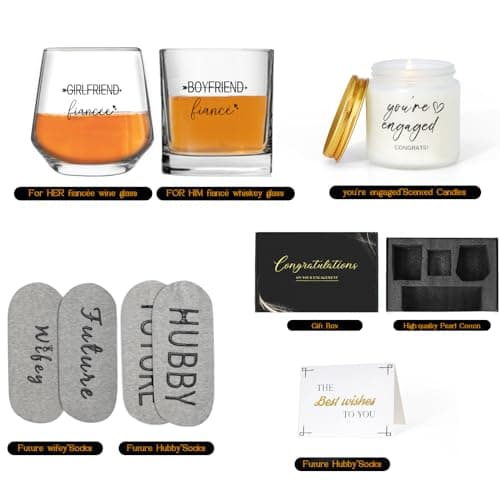 Engagement Gifts for Couples - Wine and Whiskey Glass Set, Socks, Candle, Greeting Card