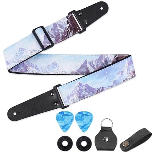 QIELIZI Adjustable Guitar Strap with 2 Locks, 2 Picks, Pick Holder & Leather Button — 1-snow Hill