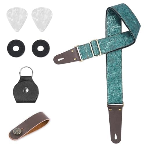Lizimandu Adjustable Guitar Strap with 2 Locks & 4 Picks - Leather Ends - Suitable for Acoustic & Electric Guitars — 1-carving Green