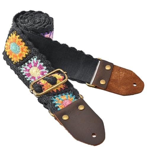 Beige Crochet Flower Guitar Strap for Acoustic, Bass, Electric (2" Wide) — Crochet-black
