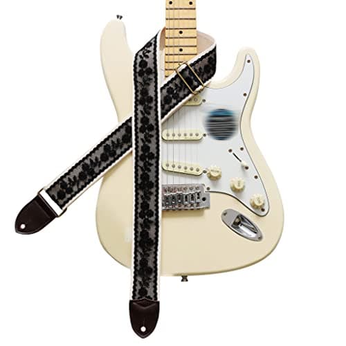 MUSIC FIRST Vintage Style Hand-Made Crochet Flowers Electric Guitar & Bass Strap, 2 Inch Width — Black Lace