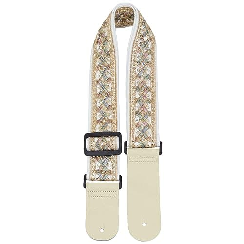 ALLZEDREAM Lace Pink Guitar Strap, Genuine Leather Ends — Diamond Beige