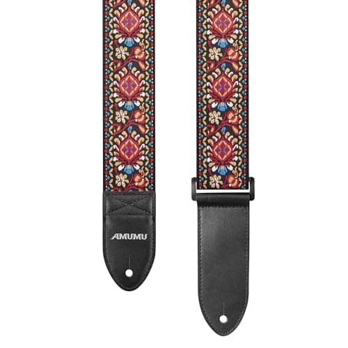 Amumu 2 Cotton Guitar Strap - Hootenanny Embroidered Style, Premium Leather Ends - for Acoustic, Electric, Bass Guitars — Red