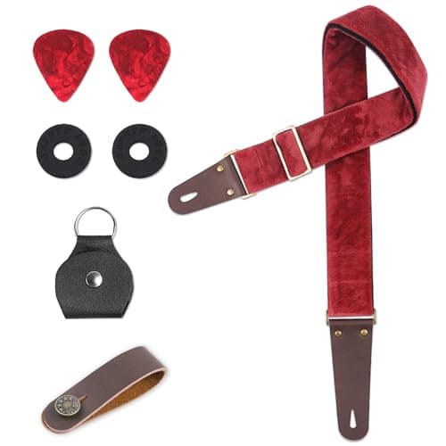 QIELIZI Adjustable Guitar Strap with 2 Locks, 2 Picks, Pick Holder & Leather Button — 1-velvet Red