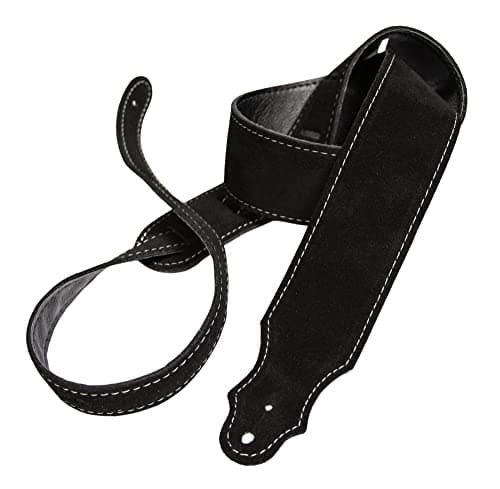 Vintage Suede Leatherette Backing Guitar Strap — Black/Silver Stitching