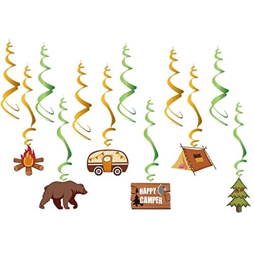 Happy Camper Party Hanging Swirls Decor, Adventure Bears Sign for Kids