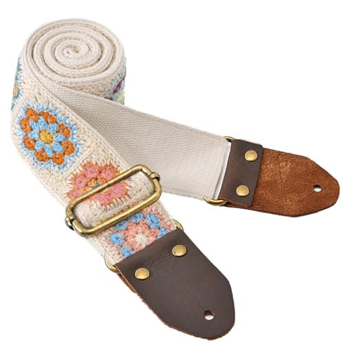 Beige Crochet Flower Guitar Strap for Acoustic, Bass, Electric (2" Wide)