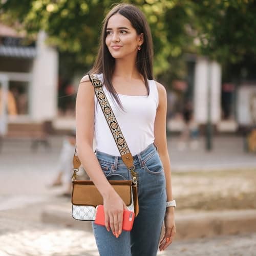 LSETUTIYY Jacquard Embroidery Wide Adjustable Cowhide Shoulder Strap