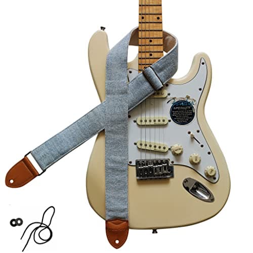 MUSIC FIRST Vintage Style Hand-Made Crochet Flowers Electric Guitar & Bass Strap, 2 Inch Width — Vintage Denim