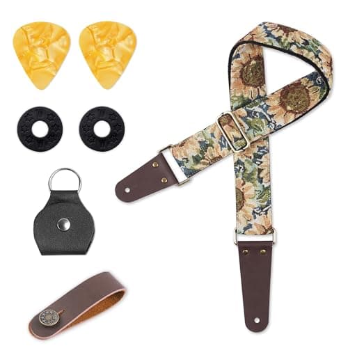 Lizimandu Adjustable Guitar Strap with 2 Locks & 4 Picks - Leather Ends - Suitable for Acoustic & Electric Guitars — 1-Jacquard Sunflower