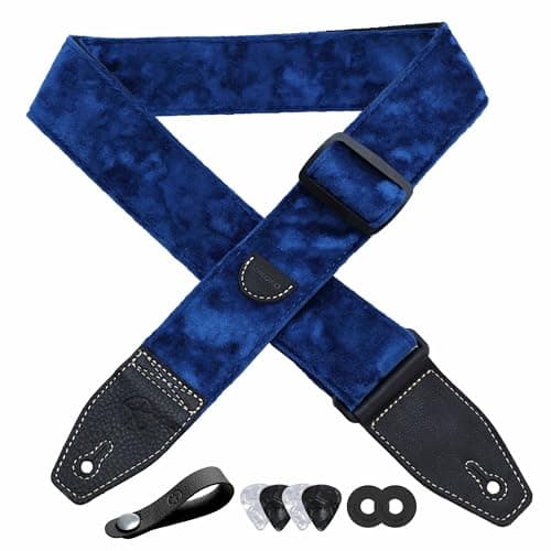 2 Inch Velvet Guitar Strap with Full Grain Leather Ends - Bass, Electric & Acoustic Compatible — Dark Blue