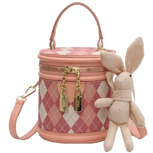 RTGGSEL Quilted Lattice Shoulder Bag for Women with Bunny Pendant — Bucket Diamond Pink