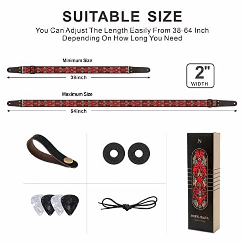 Jacquard Embroidery Guitar Strap, Full Grain Leather Ends with Hidden Pocket, for Bass, Electric and Acoustic Guitars