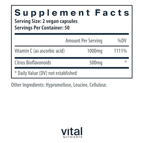 Vegan Vitamin C with Bioflavonoids for Immune Support | 1000mg Vitamin C and 500mg Citrus Bioflavonoid | Non-GMO | 100 Capsules