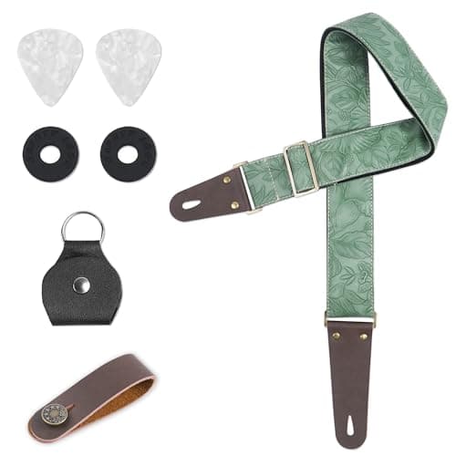 Adjustable Guitar Strap with 2 Locks, 2 Picks, Pick Holder & Leather Button — 1-carved Light Green