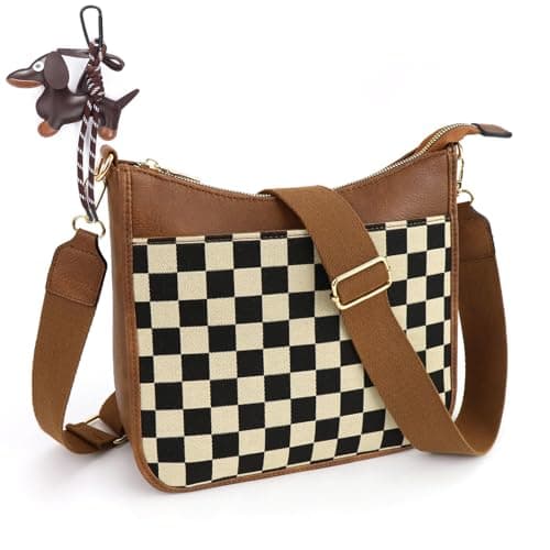 Sunbuti Women's Checkered Quilted Seam Vegan Leather Shoulder Bag with Embroilled Strap — Brown