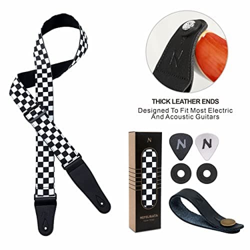 Nefelibata Guitar Strap-2 Wide Double Layer Cotton Original Design Adjustable Guitar Straps (White Grid)