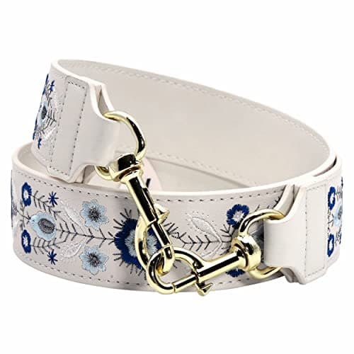 Nefelibata Leather Shoulder Strap for Handbag (Dark Brown Embroidery) — Blue Flowers Embroidery in White