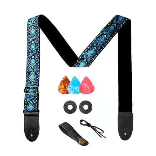AZOR Vintage Woven Guitar Strap for Acoustic Electric Bass, Adjustable with Leather Ends & Strap Locks