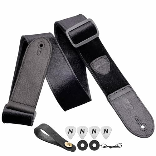 Nefelibata Guitar Strap with Double Leather Ends and Free Bonus - Gift for Bass, Electric, and Acoustic Guitars (Purple) — C#-vintage Mystic Black