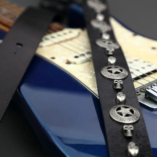 Premium Vegetable Tanned Cowhide Guitar Strap, Handmade for Electric Guitar and Bass (1.5 Inch Wide, Skull Pentagram)