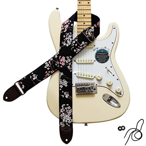 MUSIC FIRST Vintage Style Hand-Made Crochet Flowers Electric Guitar & Bass Strap, 2 Inch Width — Five-petal Lilac