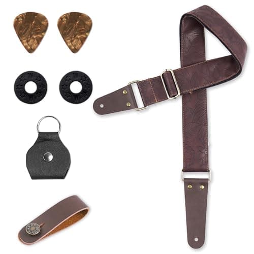 Adjustable Guitar Strap with 2 Locks, 2 Picks, Pick Holder & Leather Button — 1-carved Dark Brown