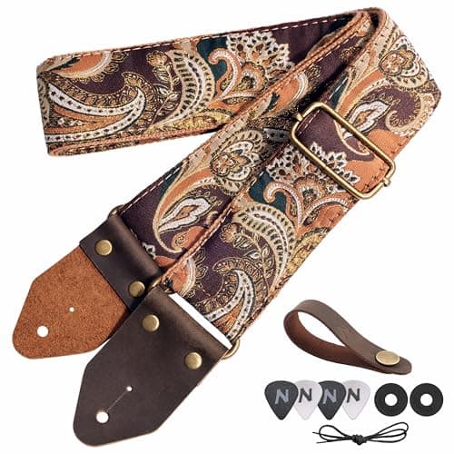 Red Gold Embroidery Nefelibata Jacquard Guitar Strap for Bass, Electric & Acoustic — H#-golden Silk Brown Flower