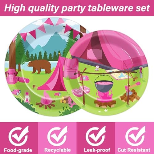 Pink Camping Party Supplies for 24 Guests - 96Pcs