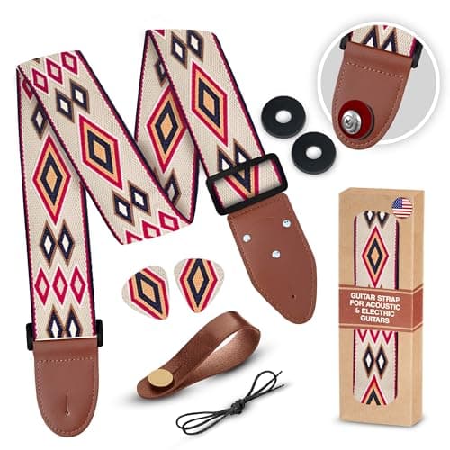 Vintage Woven Embroidered Guitar Strap - White,Adjustable for Acoustic, Electric & Bass Guitars Includes Picks — A Orange Rhombus