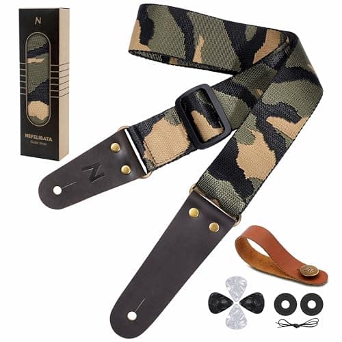 Vintage Embroidered Nefelibata Guitar Strap with Cowhide Ends, 1 Pair Locks & Picks — Green Vintage Camo