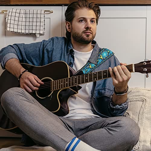 Jacquard Embroidered Cotton Guitar Strap with Leather Ends for Bass, Acoustic & Electric