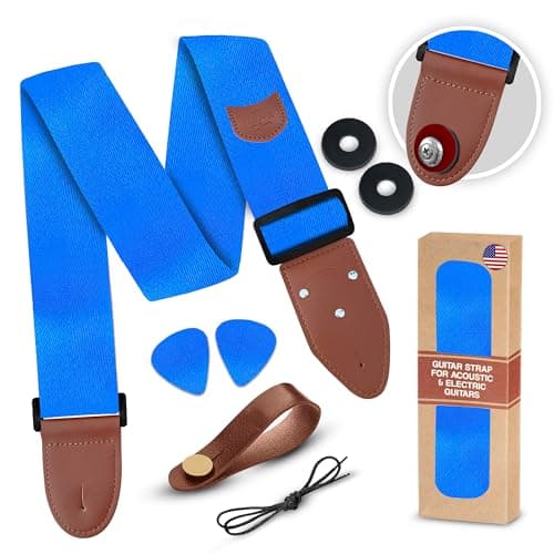 Adjustable Art Tribute Guitar Strap with Security Locks and Unique Picks — A Royal Blue