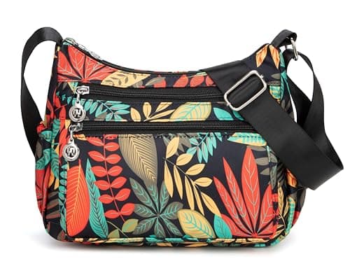 Nawoshow Nylon Floral Multi-Pocket Crossbody Travel Bag for Women — Leaves Flower