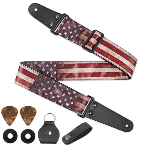 QIELIZI Adjustable Guitar Strap with 2 Locks, 2 Picks, Pick Holder & Leather Button — 1-usa Flag2
