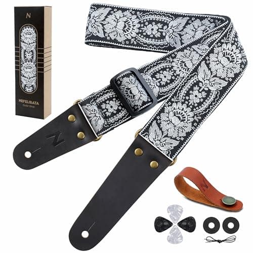 Guitar Strap with Flower Embroidery for Bass, Electric & Acoustic Guitars — Silver Orleans