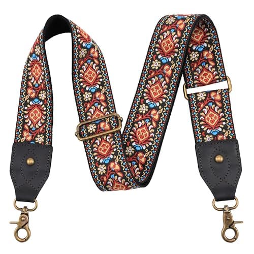 Nefelibata Retro Jacquard Embroidery Crossbody Bag Strap - Adjustable, Vintage Florals — Leather Red Flower Embroidery