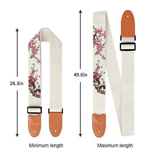 Embroidered Acoustic Guitar Strap with Real Leather Ends & Button Lock for Electric & Bass Guitars