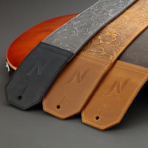 Nefelibata Full-Grain Leather Guitar Strap, 2.3" Wide, Soft Padded (Sahara Yellow Embossed)