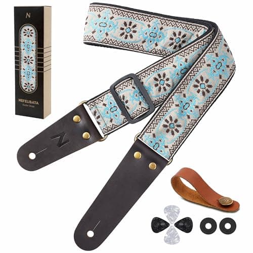Vintage Embroidered Nefelibata Guitar Strap with Cowhide Ends, 1 Pair Locks & Picks — Light Blue Lantern Flower