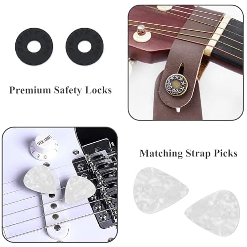 Adjustable Guitar Strap with 2 Locks, 2 Picks, Holder & Leather Button