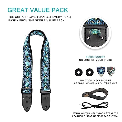 Genuine Leather Electric/Acoustic Guitar Bass Strap, Blue, with Pick Holder & Locks