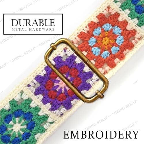 Crochet Flower Guitar Strap - Leather Ends, 2 Inch Wide, White