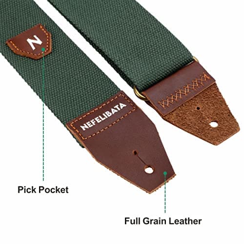 Nefelibata 100% Cotton Guitar Strap with Pick Pocket - Full Grain Leather Ends for Acoustic, Electric, and Bass Guitars - Perfect Gift for Guitarists and Kids