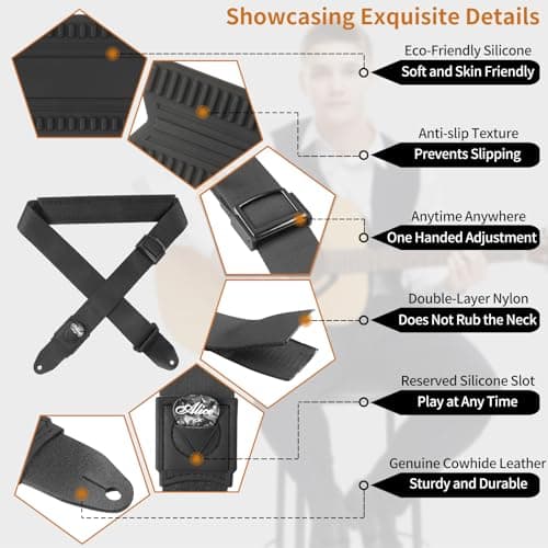 Non-Slip Silicone Padded Guitar Strap with Plectrum Slot and Metal Buckle for Bass, Electric & Acoustic Guitars