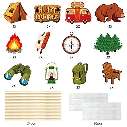 Camping Theme Party Centerpiece Sticks, 24pcs Birthday Adventure Decor