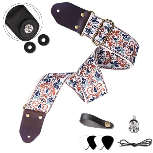 Embroidered Cotton Guitar Strap with Leather Ends for Bass and Electric Guitar