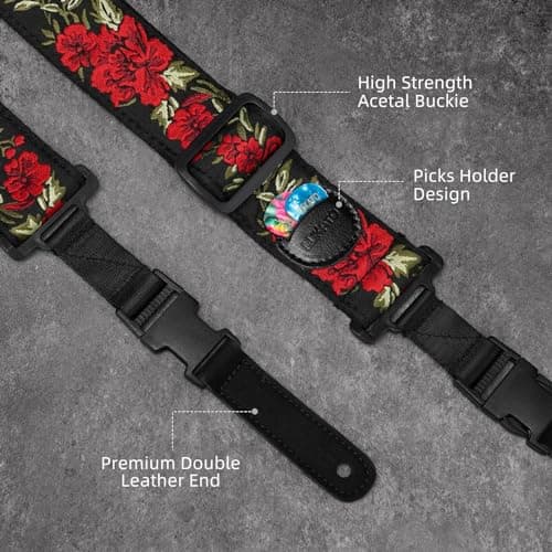 LEKATO Rose Embroidered Floral Bass Strap with Pick Holder (Red)
