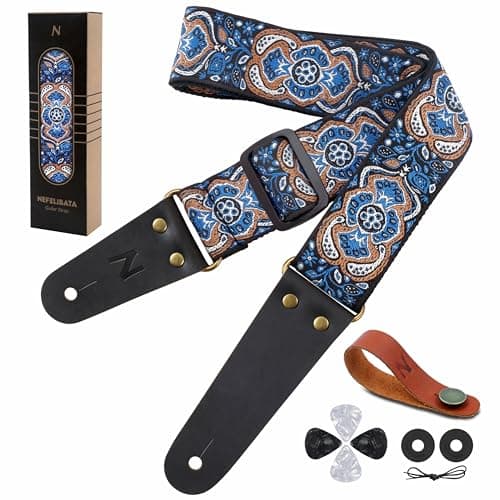 Nefelibata Embroidered Cotton Guitar Strap with Cowhide Ends (Saffron) — U# Indigo Blue
